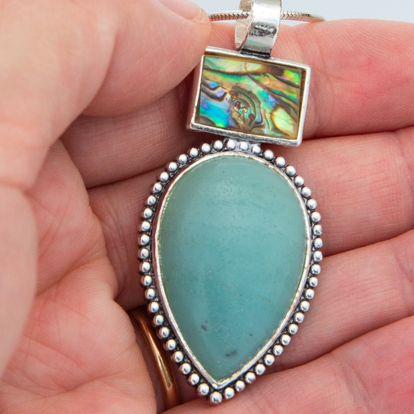Southwestern pendant turquoise look pear stone, silver look accents Roman stamp - Picture 6 of 11